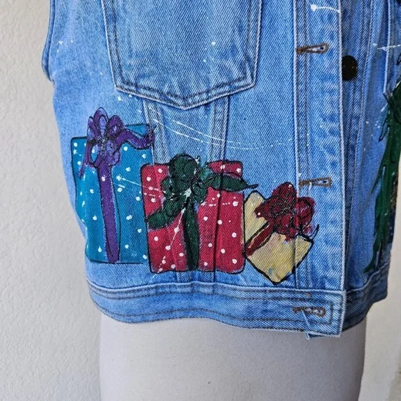 Sun Belt Denim Vintage 90s Womens Denim Vest Christmas Santa Handpained L Large - Picture 3 of 5